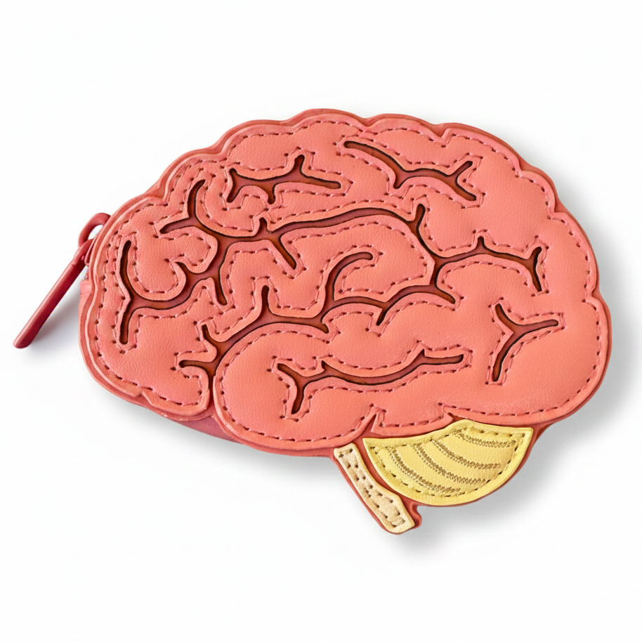 Brain-shaped coin purse on a white background