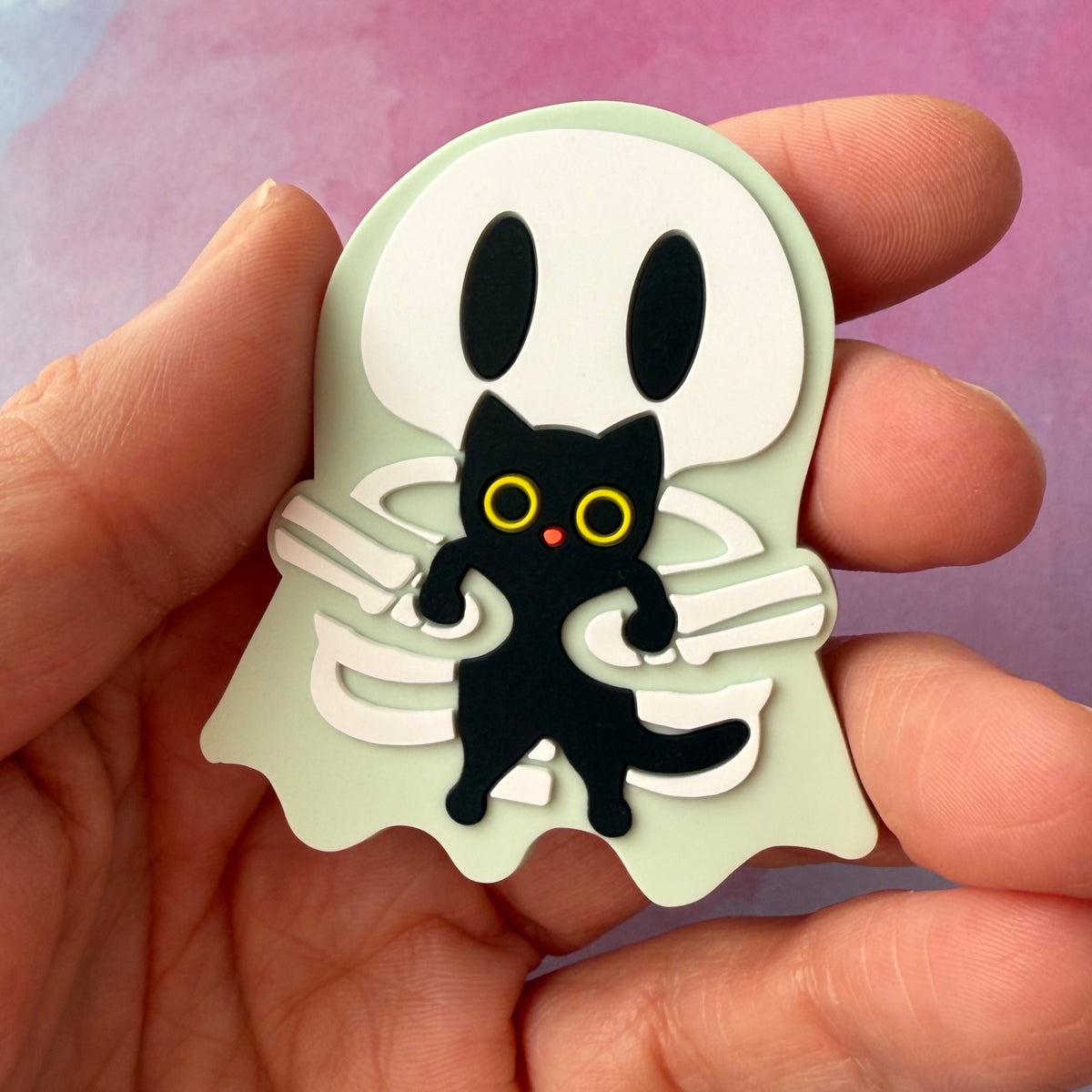 Ghosty Skeleton with Black Cat - Glow-in-the-Dark PVC Swappable Badge Reel Design TOP