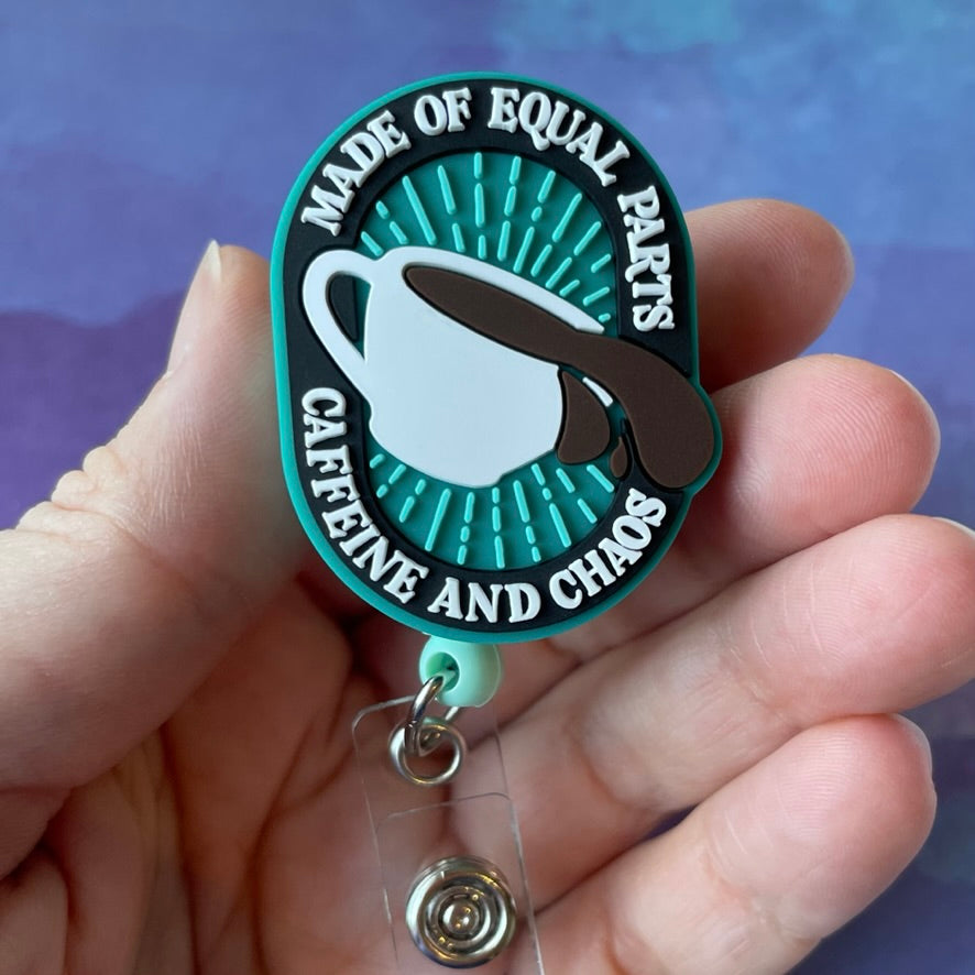 Caffeine and Chaos - PVC Swappable Badge Reel Design Top - Rad Girl Creations - Medical Badge Reel