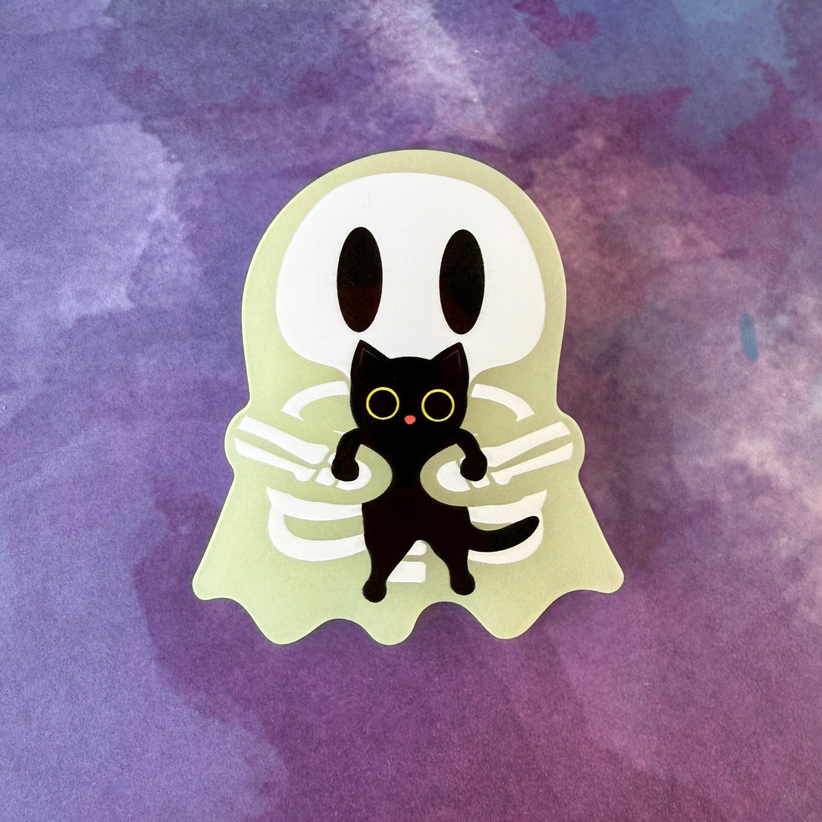 Ghosty Skeleton with Black Cat - Glow-in-the-Dark Acrylic Swappable Badge Design TOP