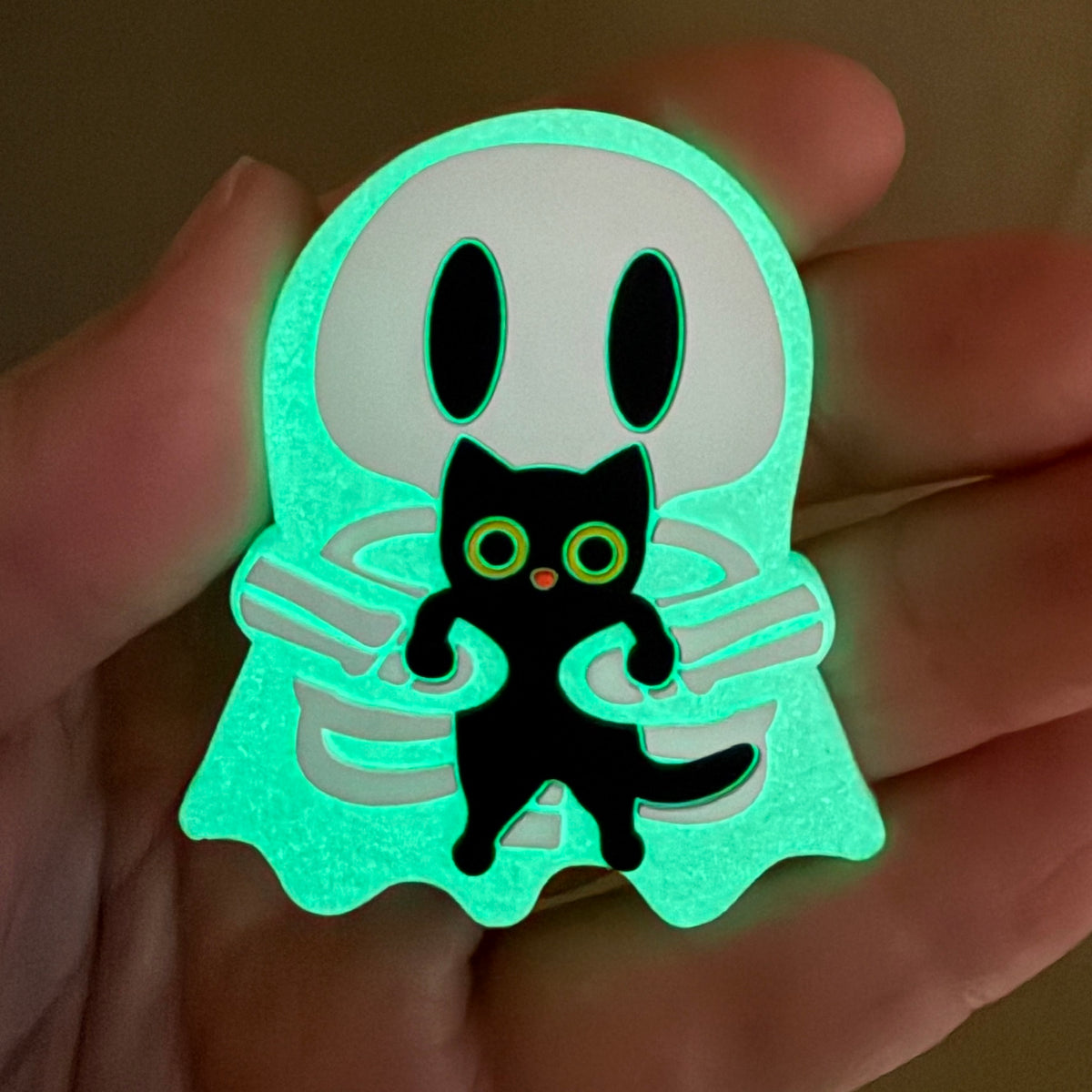 Ghosty Skeleton with Black Cat - Glow-in-the-Dark PVC Swappable Badge Reel Design TOP