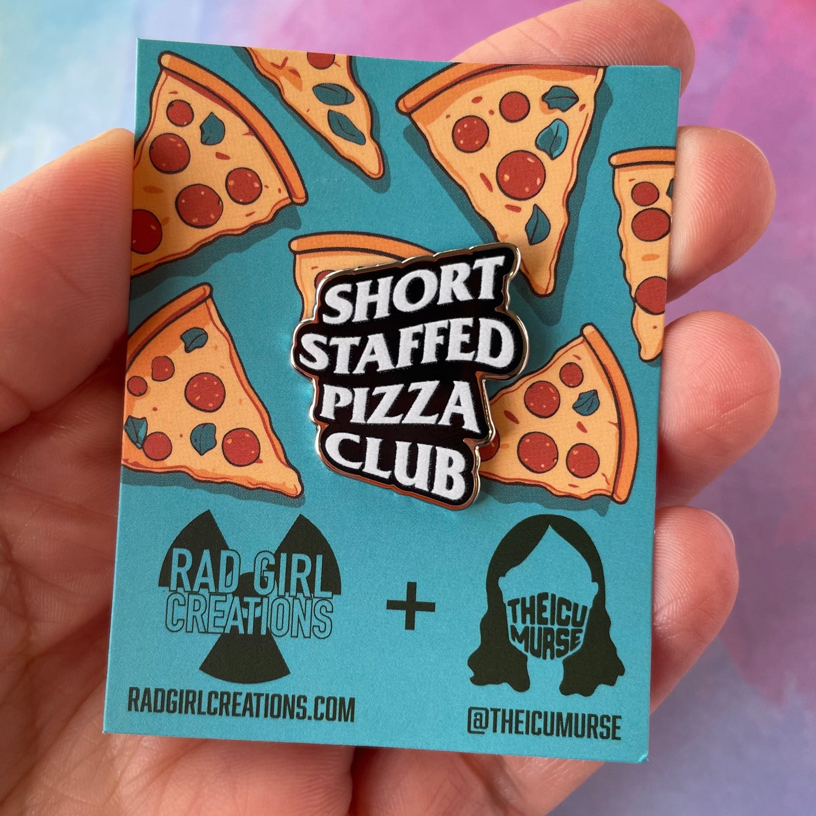 Pin with 'Short Staffed Pizza Club' text on a light gray background