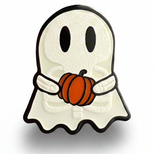 Glowing ghost with a pumpkin on a gray background
