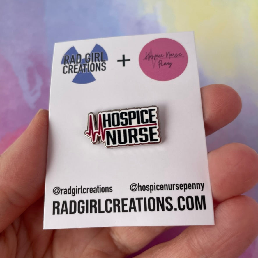 Pin with 'Hospice Nurse' text and heart rate line design on a gray background