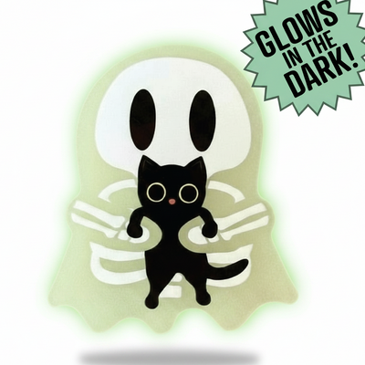 Ghosty Skeleton with Black Cat - Glow-in-the-Dark Acrylic Swappable Badge Design TOP