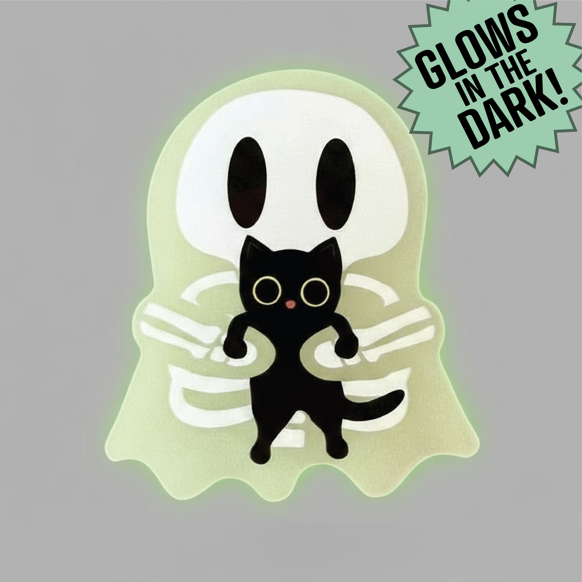 Ghosty Skeleton with Black Cat - Glow-in-the-Dark Acrylic Swappable Badge Design TOP