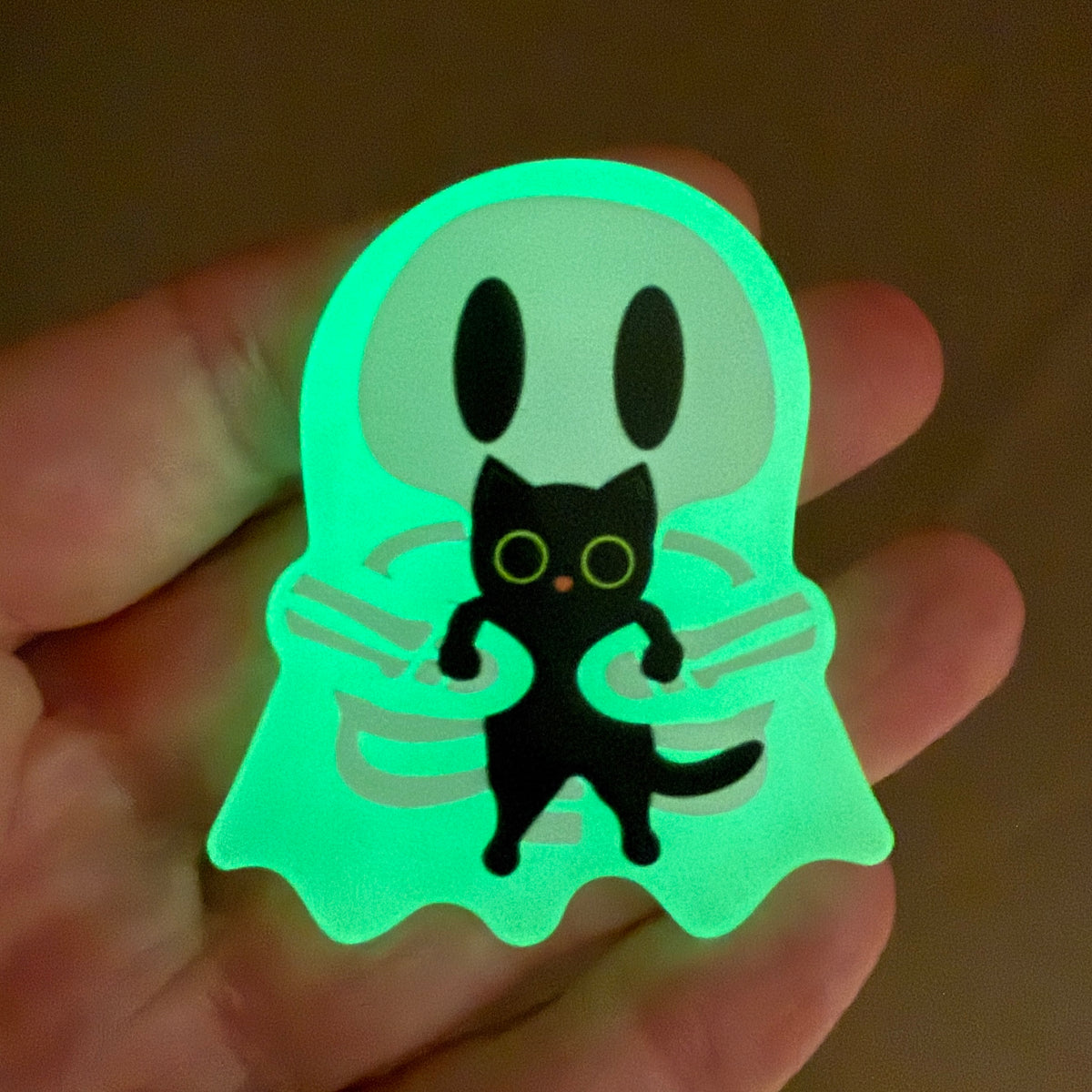 Ghosty Skeleton with Black Cat - Glow-in-the-Dark Acrylic Swappable Badge Design TOP