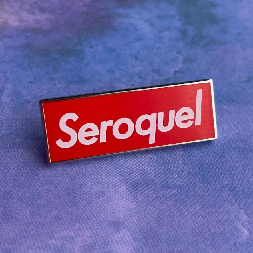 Red and white 'Seroquel' label on a gray background