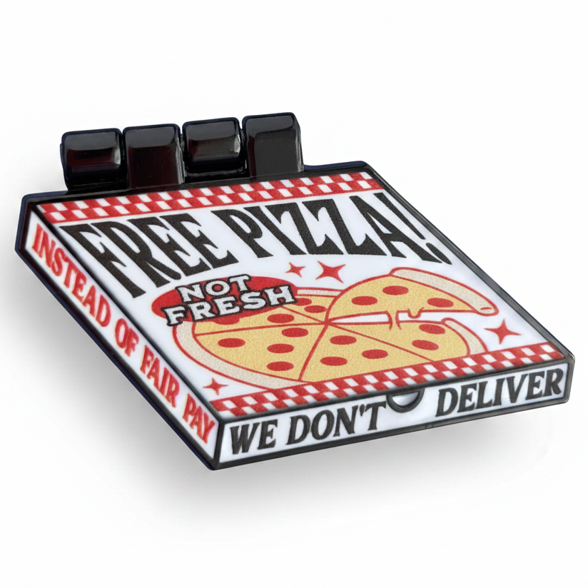 Enamel pin with pizza box design and text on a white background