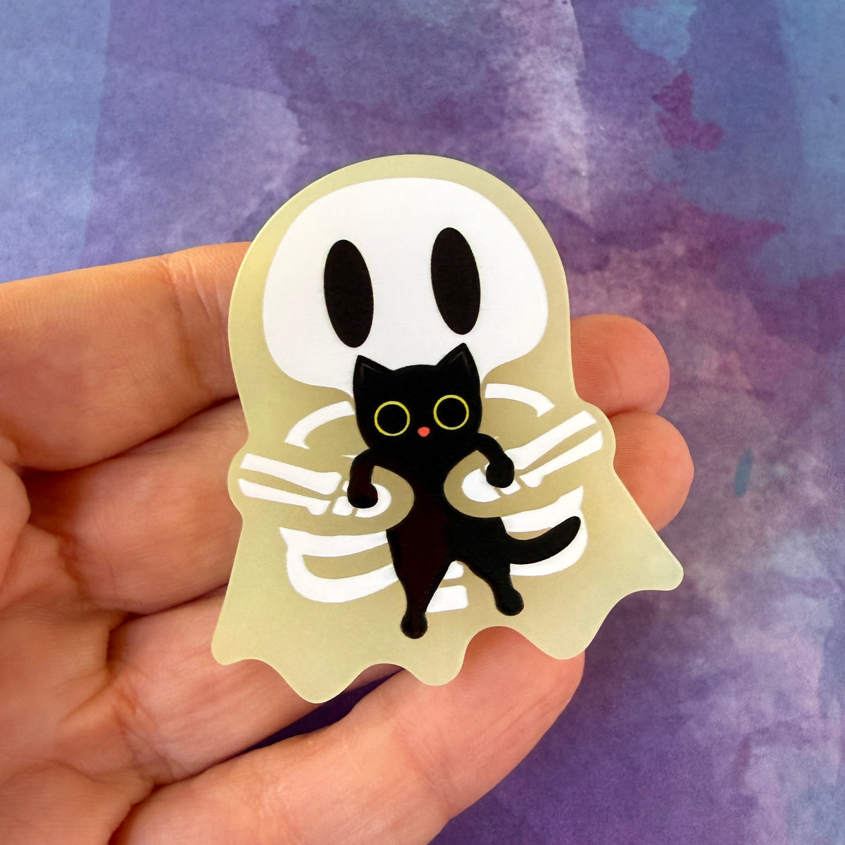 Ghosty Skeleton with Black Cat - Glow-in-the-Dark Acrylic Swappable Badge Design TOP