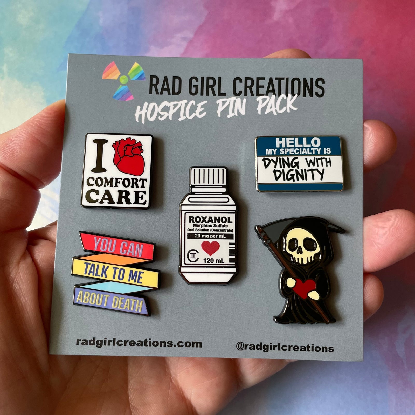 Hospice pin pack from Rad Girl Creations on a gray background