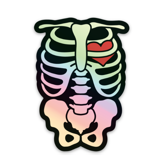 Colorful skeleton design with a heart on a gray background