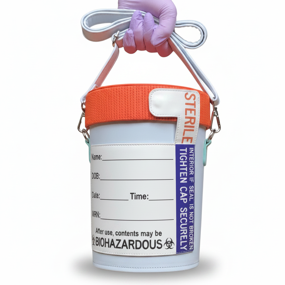 Sterile biohazard container bag with orange lid held by a gloved hand on a white background