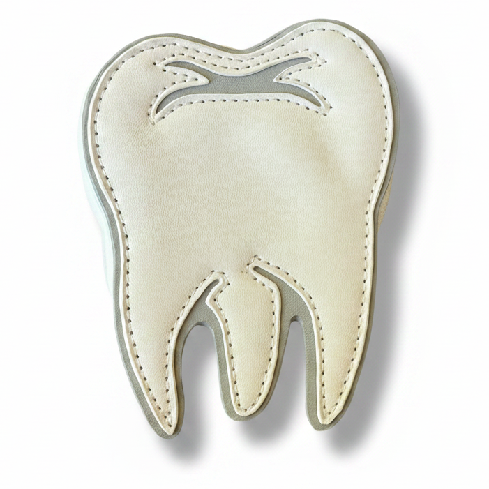 Tooth-shaped coin purse on a white background