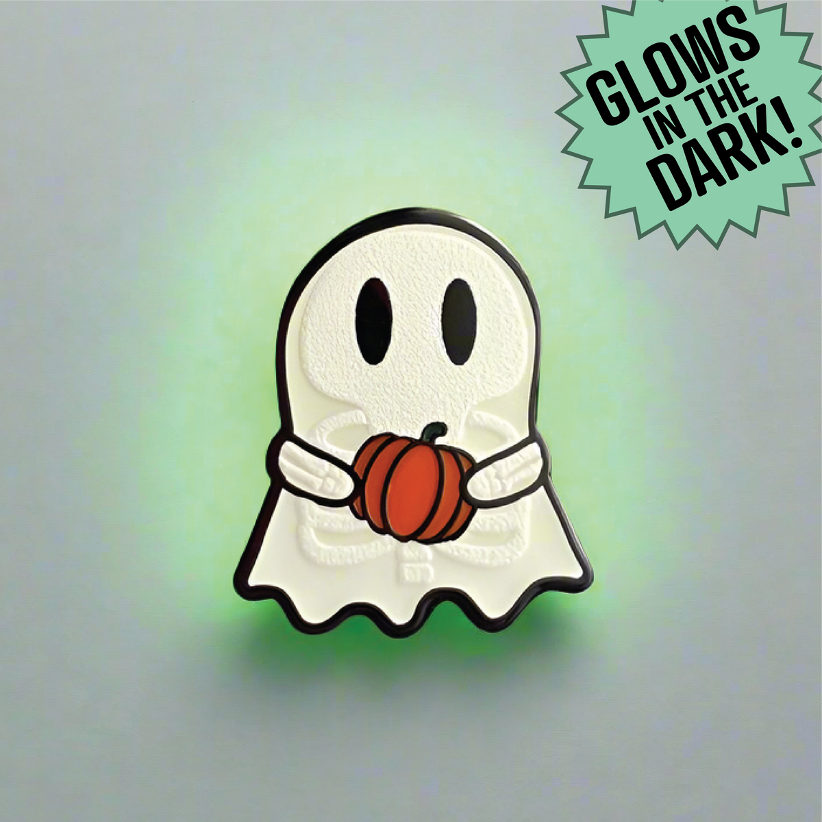 Ghosty Skeleton with Pumpkin Pin - GLOWS IN THE DARK!