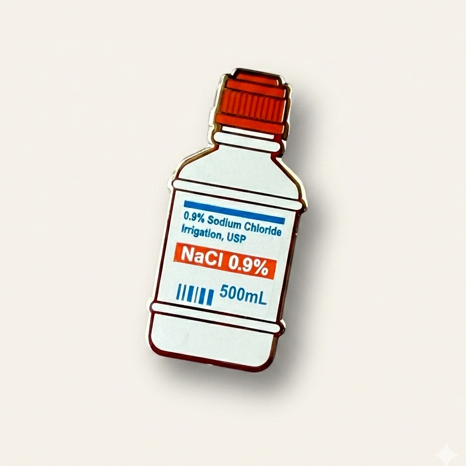 Photograph of an enamel pin shaped like a 500mL 0.9% Sodium Chloride irrigation bottle with a medical label.