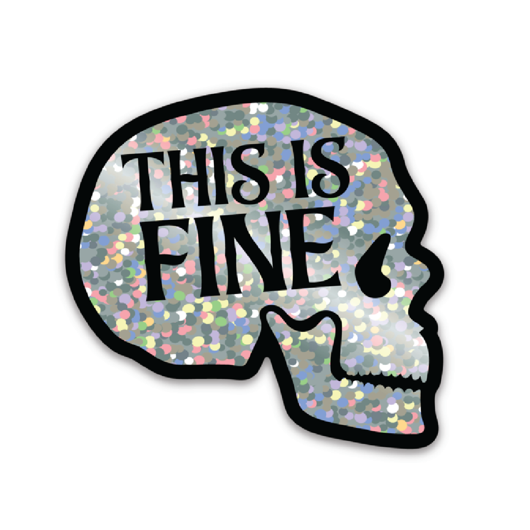 Skull-shaped sign with 'THIS IS FINE' text on a gray background