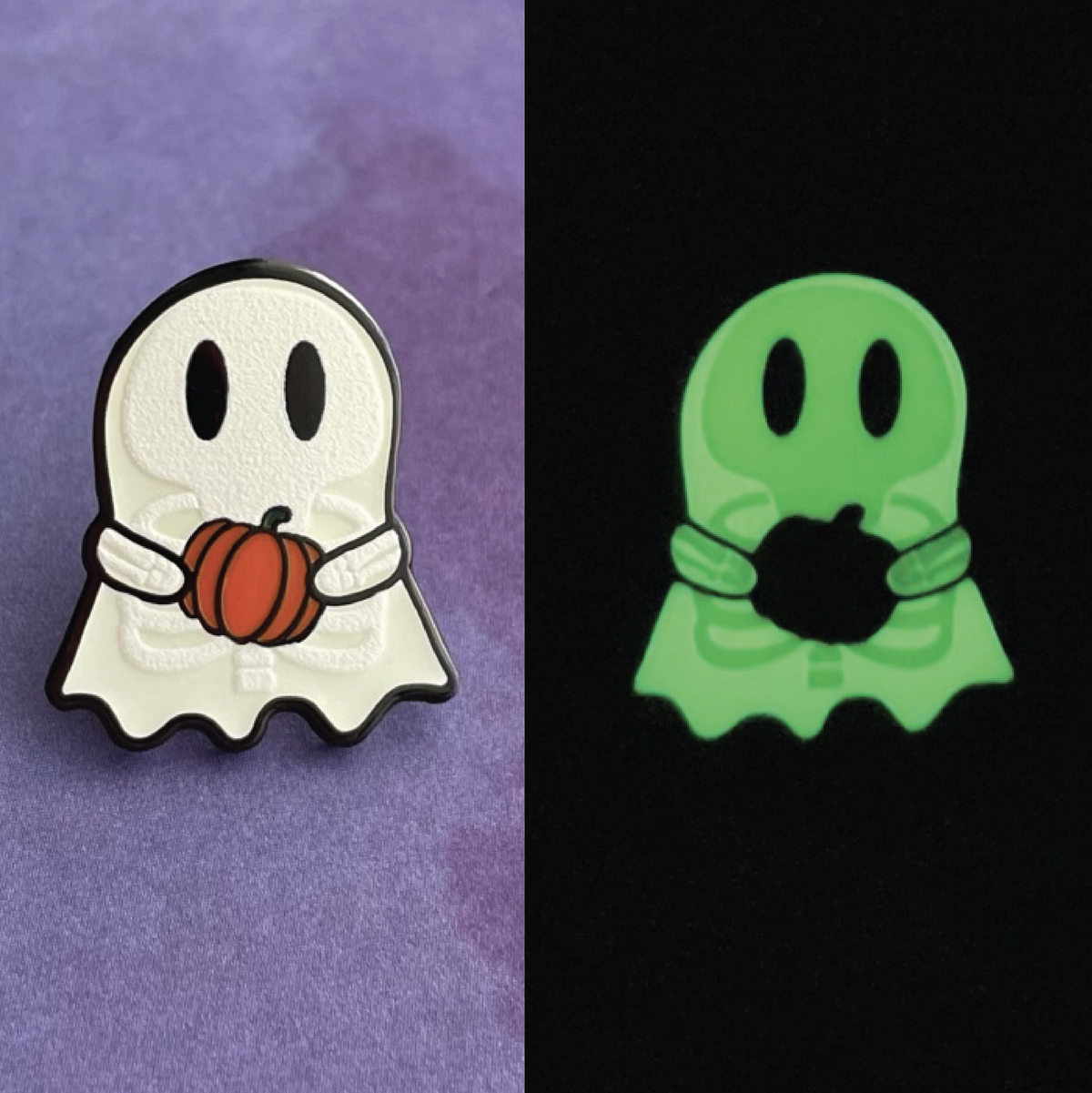 Ghosty Skeleton with Pumpkin Pin - GLOWS IN THE DARK!